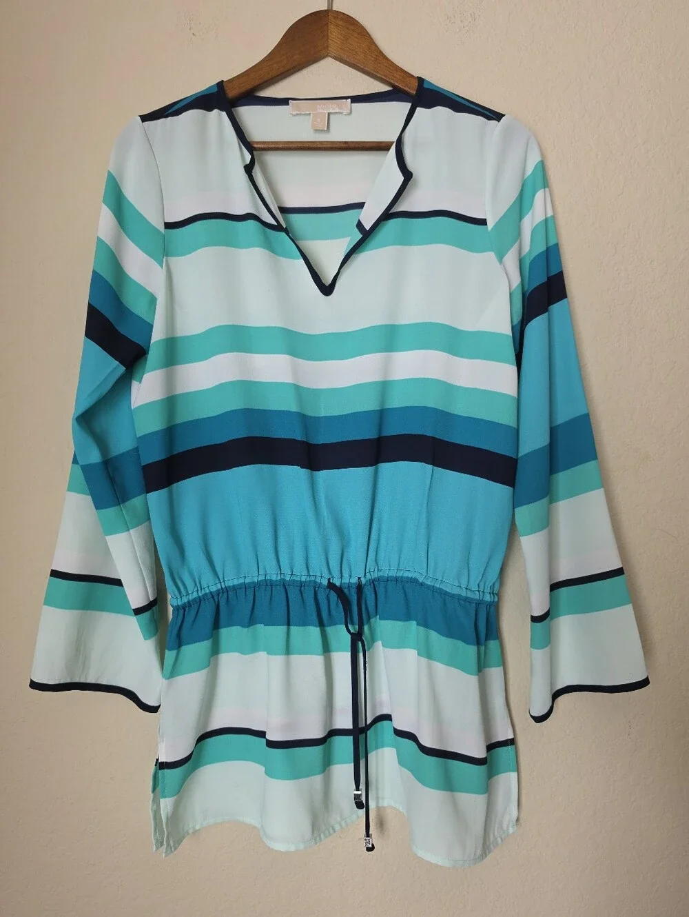 Michael Kors Tunic Top Women Small White Green Stripe Cinch Waist Summer Coastal